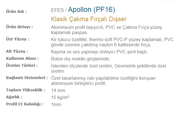 Apollon (PF16) Ürün Özellikleri